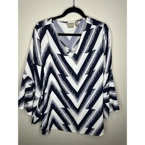 Chico's Shirt Womens Large 2 Blue White Chevron Bell Sleeve Crisscross V Neck